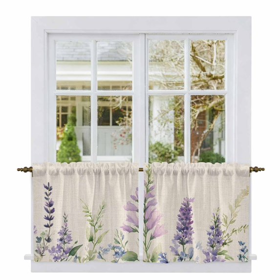 Purple Lavender Tier Curtains, Botanical Blossom Motif Leaves Spring Light Filtering Kitchen Curtains, 2Pcs Rod Pocket Half Window Treatments Panels for Sink Cafe Cabinet Camper 27.5x24 Inches