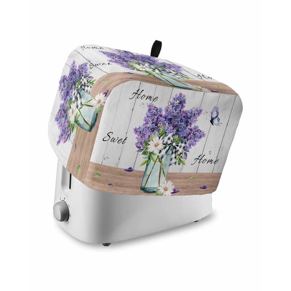 Purple Lavender Toaster Cover 4 Slice, Large Kitchen Appliance Covers, Spring Floral Daisy Butterfly Leaves Gray Toaster Oven Cover with Loop, Bread Machine Cover Polyester Dust Cover Protection
