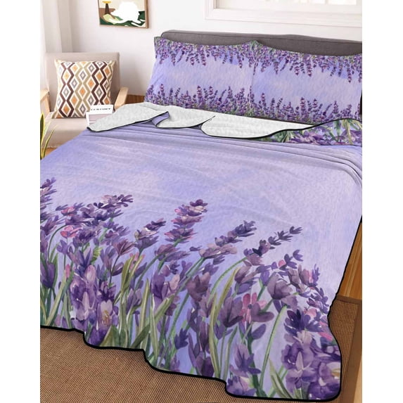Purple Lavender Twin Size Down Alternative Comforter, Lightweight Comforter Quilt Bedding Set with Pillow Shams Spring Watercolor Wild Flowers Plant All Seasons Bed Comforter Duvet Insert 68"x86"