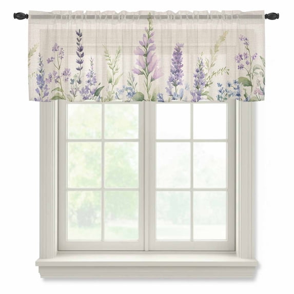 Purple Lavender Valance Curtains for Kitchen/Living Room/Bathroom/Bedroom Window, Rod Pocket Small Topper Half Short Window Curtains Voile Sheer Scarf, Botanical Blossom Motif Leaves Spring 42"x12"
