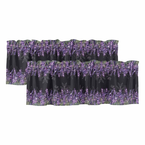 Purple Lavender Valances for Windows, Decorative Rod Pocket Window Valance Curtains, Spring Watercolor Wildflowers Plant Black Short Curtain Drapes for Kitchen/Living Room, 2 Panels, 54" W x 18" L