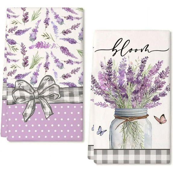 Purple Lavender Vase Spring Kitchen Towels Dish Towels Set of 2,Blooms Sign Hand Towels 18x26 Inch Drying Dishcloth,Farmhouse Home Seasonal Spring Decorations AD292