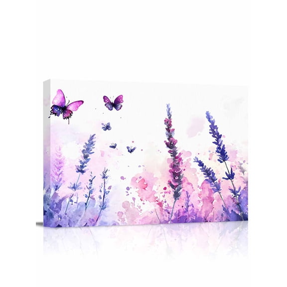 Purple Lavender Wall Art for Living Room,Canvas Picture Wall Decor for Bathroom Bedroom,Butterfly Flowers Spring Watercolor Painting Artwork for Office Kitchen Hallway Dining Room Home Decor 12"x16"