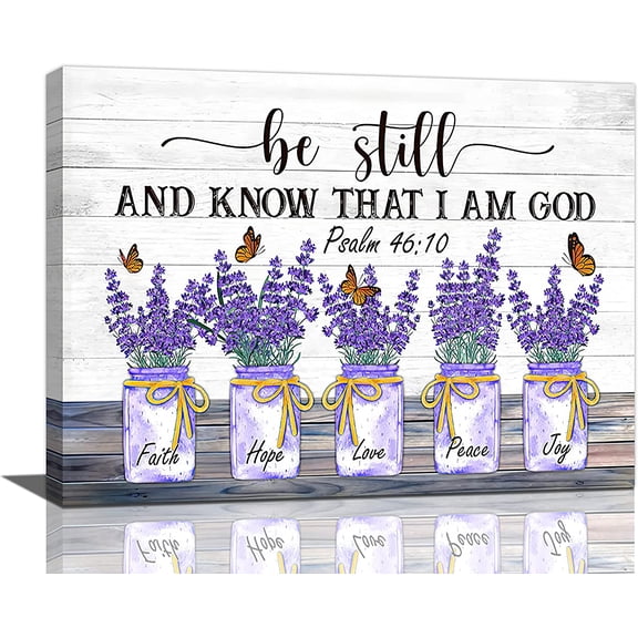 Purple Lavender Wall Art Be Still And Know That I Am God Lavender Canvas Prints Painting Rustic Flower Bathroom Pictures for Wall Framed Modern Artwork Home Decor for Bathroom Bedroom 16"x12"