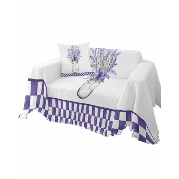 Purple Lavender White Buffalo Plaid Checkered Floral Sofa Couch Covers for Dog,Washable Sectional Couch Slipcovers for Loveseat with Tassels,Non Slip Sofa Throw Cover Blanket Large 71''x102''
