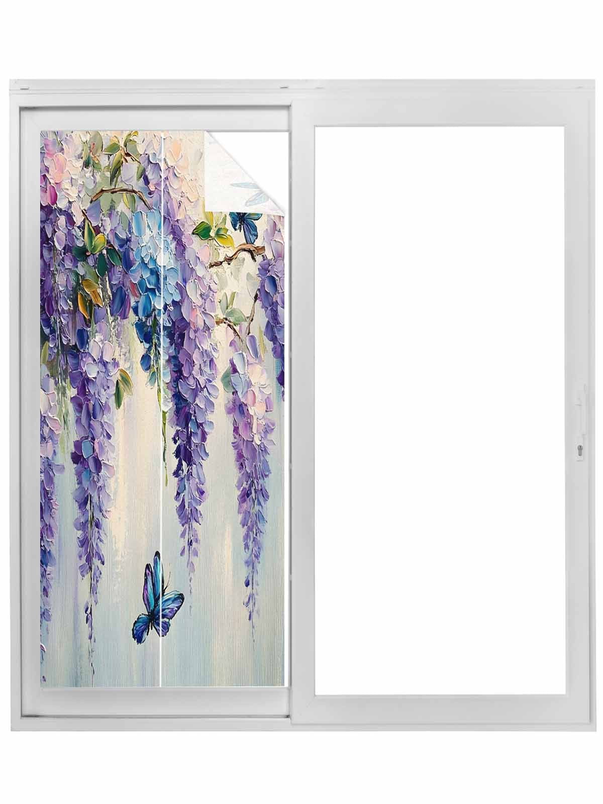 Purple Lavender Window Privacy Film, Butterfly Flower Abstract Brush Artwork Static Cling UV Sun Blocking Tint Film Heat Control Windows Films for Bedroom Bathroom, Window Stickers 35.4"x78.7"