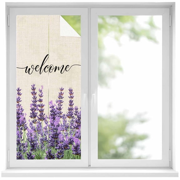 Purple Lavender Window Privacy Film, Purple Spring Floral Wildflower Plant Static Cling UV Sun Blocking Heat Control Window Tint, Non-Adhesive One Way Windows Privacy Cover 17.7''x39.3''