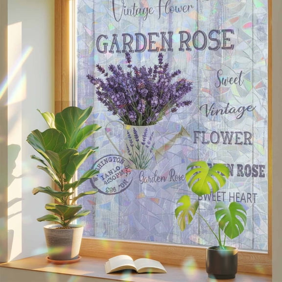 Purple Lavender Window Privacy Film Rainbow Static Cling Stain Glass Window Film for Door, Decorative Sunroof Decal Sticker for Car Bathroom 23.6"x59" Vintage Farmhouse Rustic Floral Wooden Grain