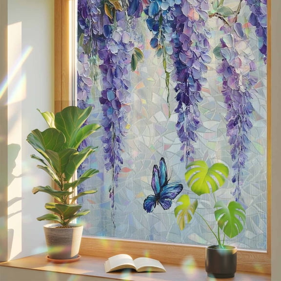 Purple Lavender Window Privacy Film Rainbow Static Cling Stain Glass Window Film for Glass Door, Decorative Sunroof Decal Sticker for Car Bathroom 23.6"x59" Butterfly Flower Abstract Brush Artwork