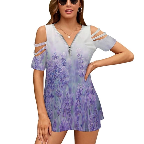 Purple Lavender Womens Summer V Neck Zipper Top Short Sleeve T Shirt Off Shoulder Top Casual Classy Loose Shirts