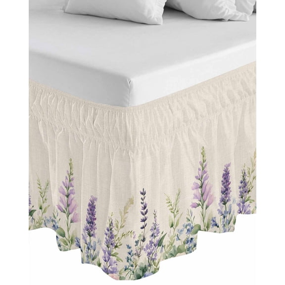 Purple Lavender Wrap Around Bed Skirts for King Bed 16" Drop,Bed Skirt with Adjustable Elastic Belt Dust Ruffle Bed Valance for Bedroom Hotel Botanical Blossom Motif Leaves Spring Bed Frame Cover