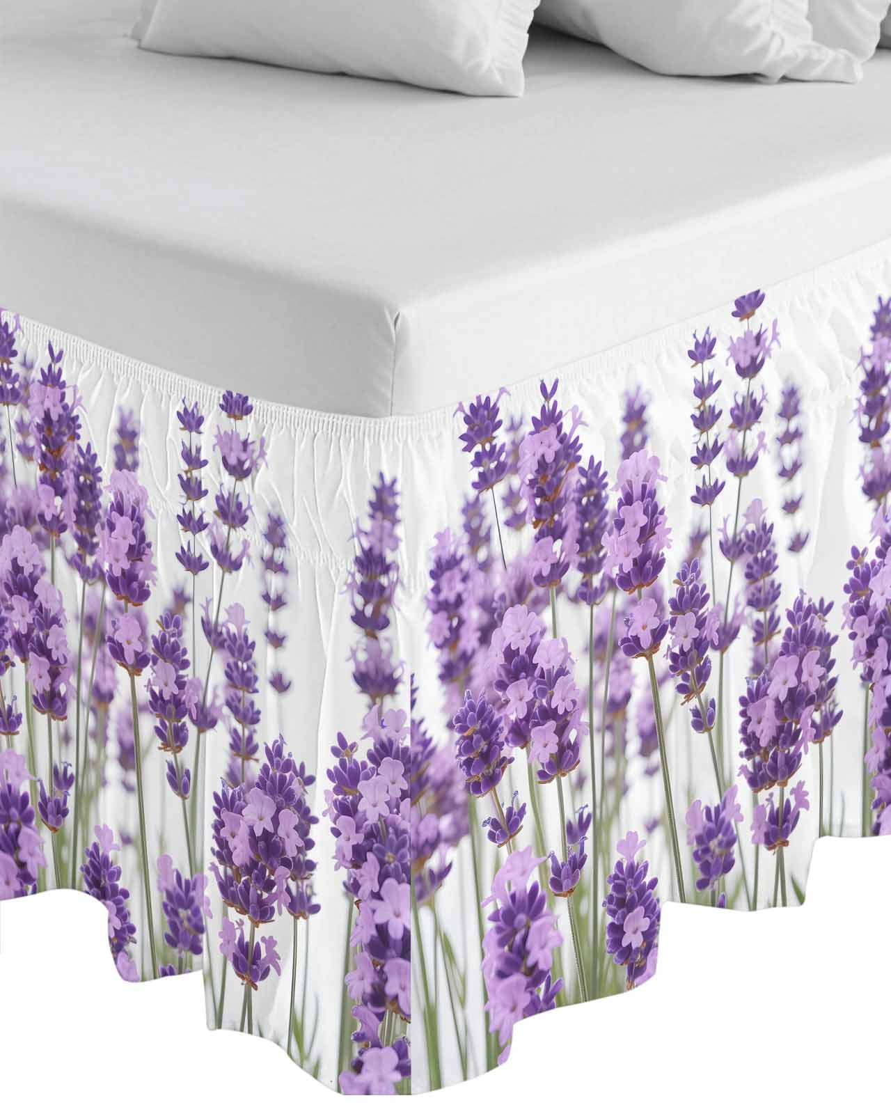 Purple Lavender Wrap Around Bed Skirts for King Bed 16" Drop,Bed Skirt with Adjustable Elastic Belt Dust Ruffle Bed Valance for Bedroom Hotel Farmhouse Pastoral Botanical Floral Bed Frame Cover
