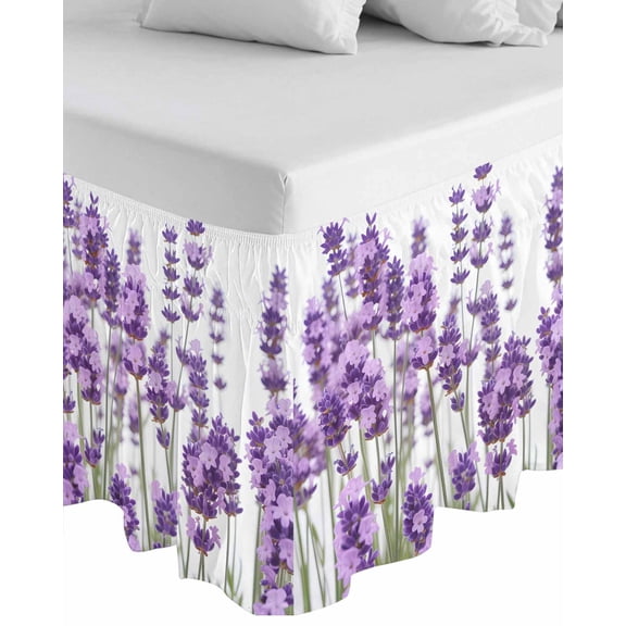 Purple Lavender Wrap Around Bed Skirts for King Bed 16" Drop,Bed Skirt with Adjustable Elastic Belt Dust Ruffle Bed Valance for Bedroom Hotel Farmhouse Pastoral Botanical Floral Bed Frame Cover