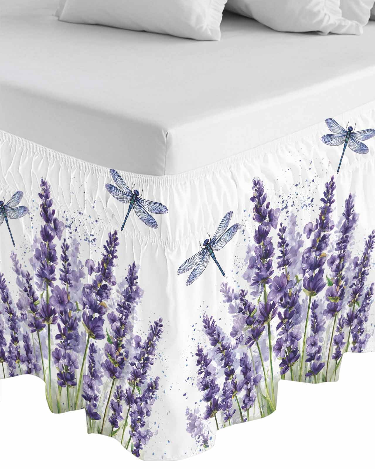 Purple Lavender Wrap Around Bed Skirts for Queen Bed 16" Drop,Bed Skirt with Adjustable Elastic Belt Dust Ruffle Bed Valance for Bedroom Hotel Pastoral Botanical Floral Dragonfly Bed Frame Cover