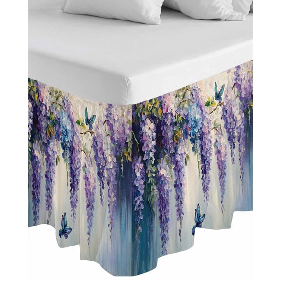 Purple Lavender Wrap Around Bed Skirts for Queen Bed 18" Drop,Bed Skirt with Adjustable Elastic Belt Dust Ruffle Bed Valance for Bedroom Hotel Butterfly Flower Abstract Brush Artwork Bed Frame Cover