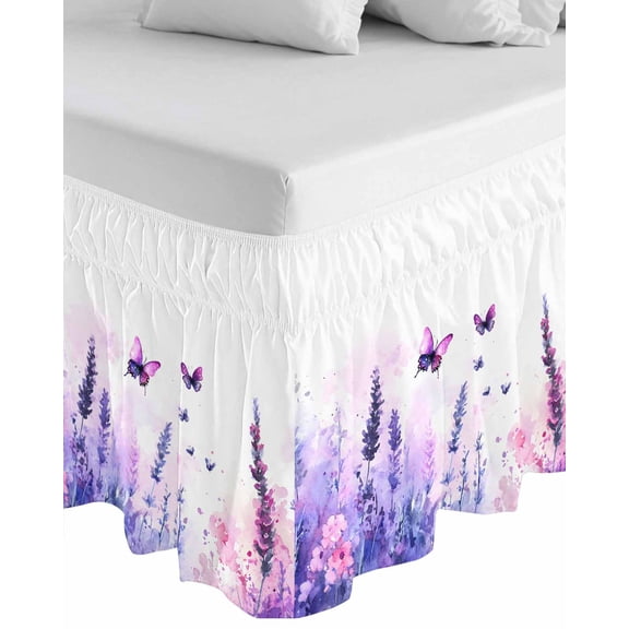 Purple Lavender Wrap Around Bed Skirts for Queen Bed 18" Drop,Bed Skirt with Adjustable Elastic Belt Dust Ruffle Bed Valance for Bedroom Hotel Butterfly Flowers Spring Watercolor Bed Frame Cover