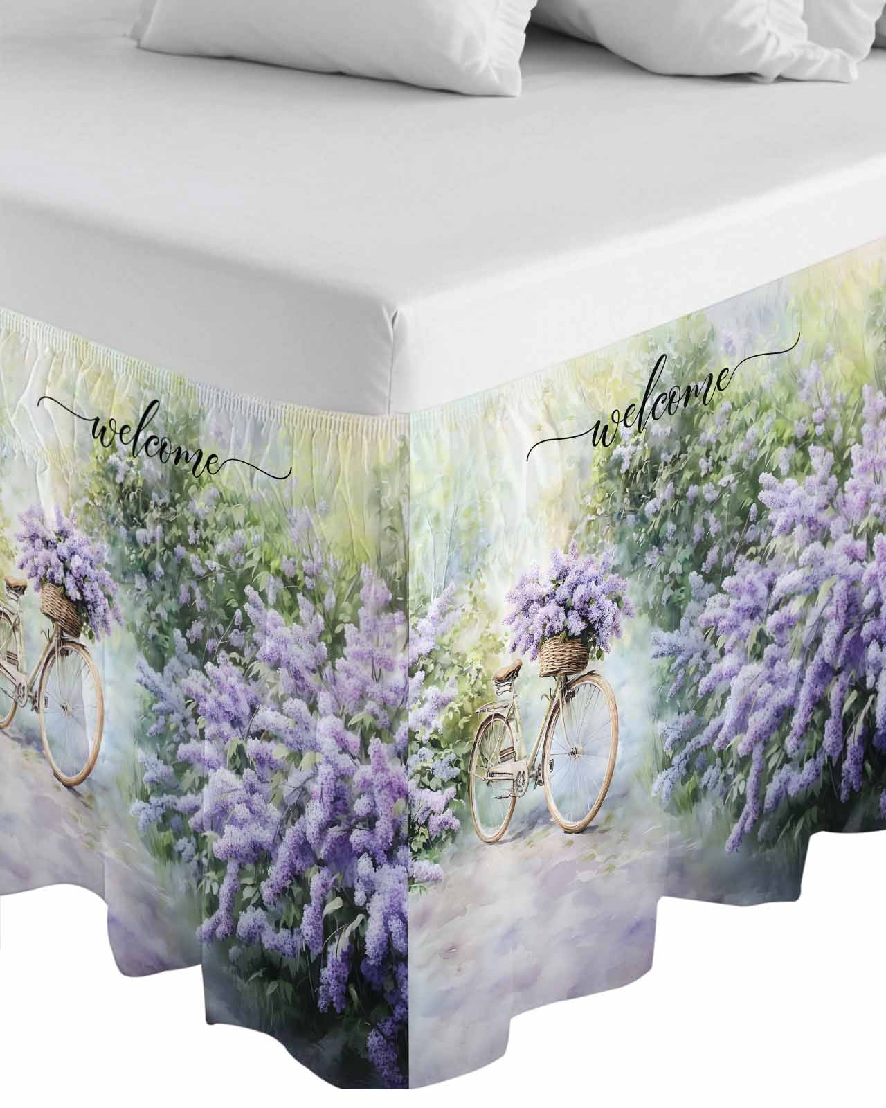 Purple Lavender Wrap Around Bed Skirts for Queen Bed 18" Drop,Bed Skirt with Adjustable Elastic Belt Dust Ruffle Bed Valance for Bedroom Hotel Green Leaves Spring Bike Botanical Bed Frame Cover