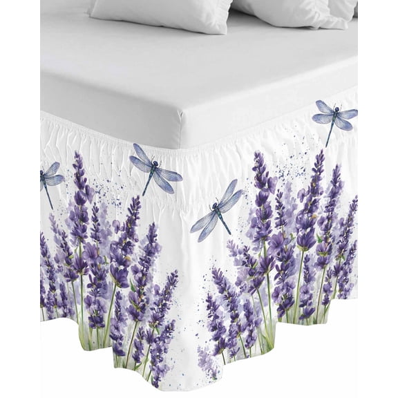 Purple Lavender Wrap Around Bed Skirts for Queen Bed 18" Drop,Bed Skirt with Adjustable Elastic Belt Dust Ruffle Bed Valance for Bedroom Hotel Pastoral Botanical Floral Dragonfly Bed Frame Cover