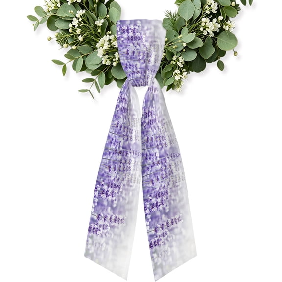Purple Lavender Wreath Sash for Front Door, Spring Floral Flower Blossom Botanical Wreath Bow Accent for Fall Christmas Holiday Door Decor, Ribbon Sash for Wreaths, Porch Home Decoration