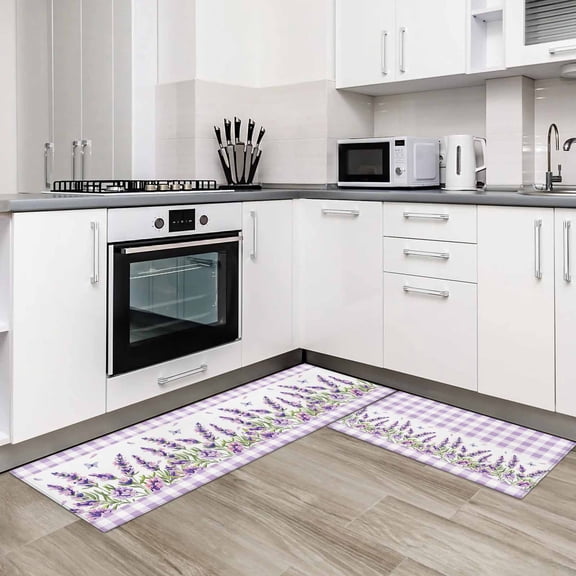 Purple Lavenders 2 Pieces Non-Slip Kitchen Mat Set Spring Floral Plaid Farmhouse Elegant Soft Door Mat with Rubber Backing,Dirtproof Rugs for Entrance Doorway 19.7x31.5in+19.7x47.2in
