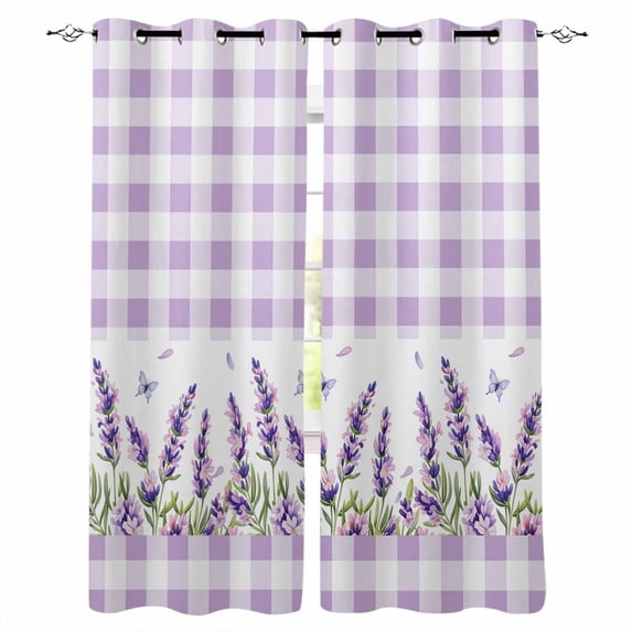 Purple Lavenders Blackout Curtains for Bedroom Living Room Darkening Curtains 54 Inch Long Spring Floral Plaid Farmhouse Elegant Short Curtain for Small Window Treatment Grommet Drapes 52"x54"x2