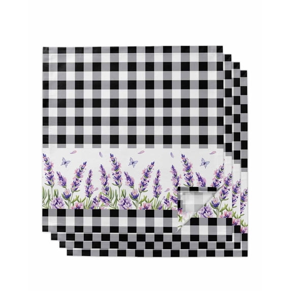 Purple Lavenders Cloth Napkins Set of 4 Reusable Dinner Napkins, Spring Floral Black Plaid Farmhouse Cocktail Napkin Washable Table Napkins for Wedding/Holiday Party/Baby Shower 20"x20"
