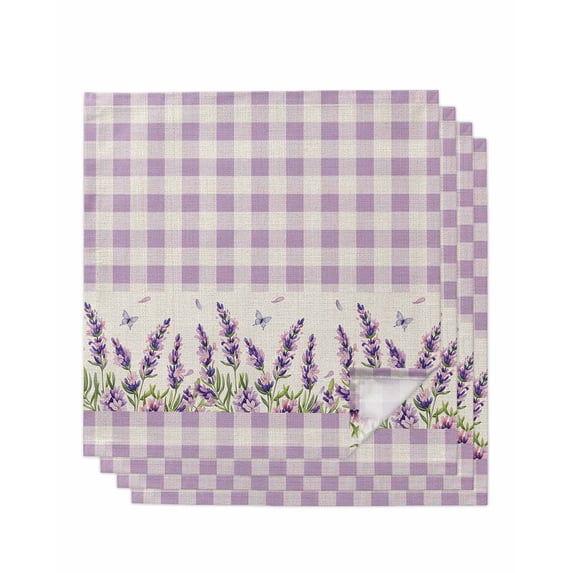 Purple Lavenders Cloth Napkins Set of 4 Reusable Dinner Napkins, Spring Floral Plaid Farmhouse Rustic Cocktail Napkin Washable Table Napkins for Wedding/Holiday Party/Baby Shower 20"x20"