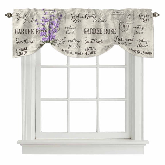 Purple Lavenders Eater Tie Up Valance Curtains for Windows, Kitchen Curtains Window Treatments, Vintage Floral Retro Art Short Window Shades Valances for Bedroom Bathroom Cafe 42"x12"