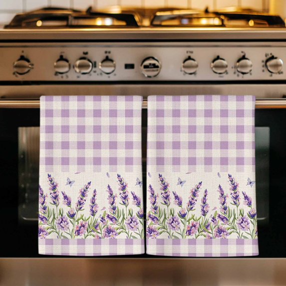 Purple Lavenders Kitchen Towels Set of 1, Spring Floral Plaid Farmhouse Rustic Absorbent Dish Towels for Kitchen, Microfiber Hand Towel, Quick Drying Tea Towel for Cleaning Decorative Dishcloths