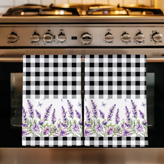Purple Lavenders Kitchen Towels Set of 3, Spring Floral Black Plaid Farmhouse Absorbent Dish Towels for Kitchen, Microfiber Hand Towel, Quick Drying Tea Towel for Cleaning Decorative Dishcloths