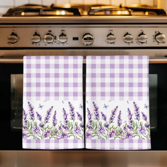 Purple Lavenders Kitchen Towels Set of 3, Spring Floral Plaid Farmhouse Elegant Absorbent Dish Towels for Kitchen, Microfiber Hand Towel, Quick Drying Tea Towel for Cleaning Decorative Dishcloths