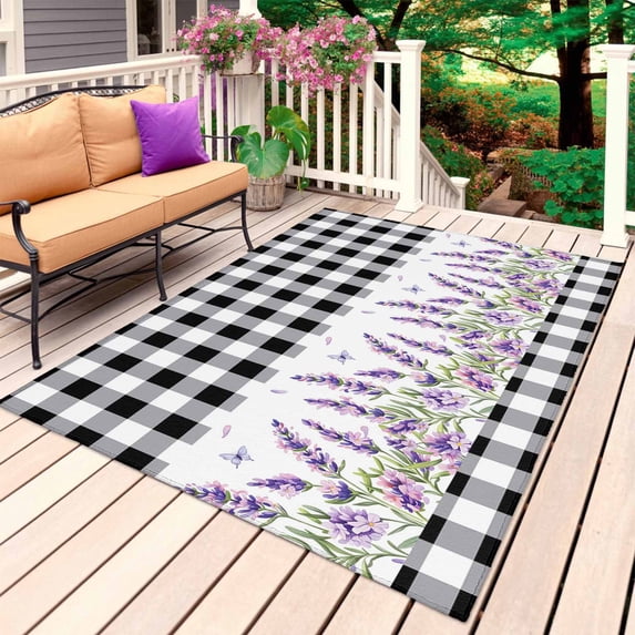 Purple Lavenders Outdoor Rug 3x5 Ft, Non Slip Washable Area Rug, Spring Floral Black Plaid Farmhouse Patio Rugs Carpet Runner, Large Floor Mat for Indoor/Outdoor Deck Porch Camping