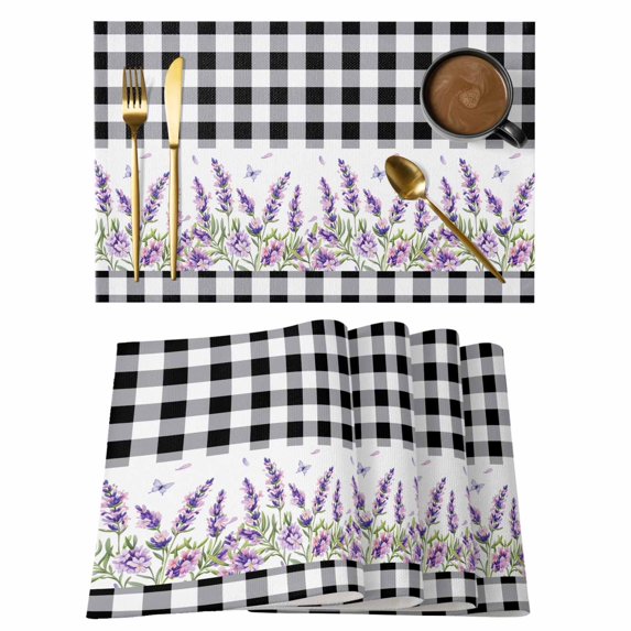 Purple Lavenders Placemats Set of 6, Spring Floral Black Plaid Farmhouse Placemats for Dining Table, Place Mats for Kitchen Tabletop, Waterproof Wipeable Dining Table Mats Set