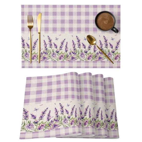 Purple Lavenders Placemats Set of 6, Spring Floral Plaid Farmhouse Rustic Placemats for Dining Table, Place Mats for Kitchen Tabletop, Waterproof Wipeable Dining Table Mats Set