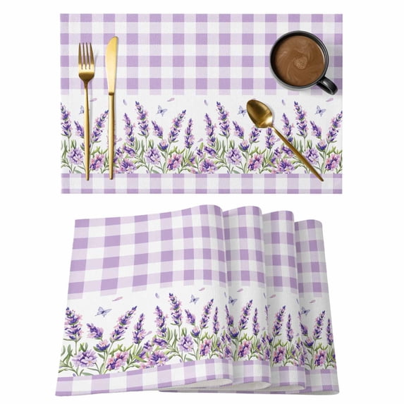 Purple Lavenders Placemats Set of 8, Spring Floral Plaid Farmhouse Elegant Placemats for Dining Table, Place Mats for Kitchen Tabletop, Waterproof Wipeable Dining Table Mats Set