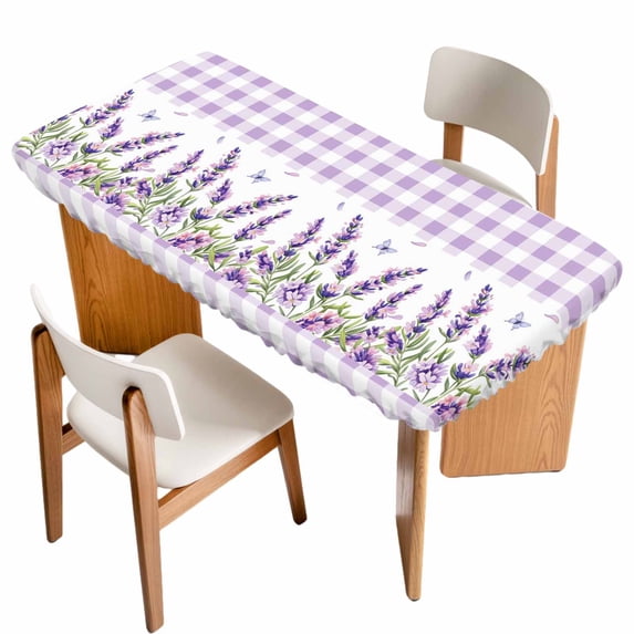 Purple Lavenders Table Cloths for 4 Foot Rectangle Tables, Spring Floral Plaid Farmhouse Elegant Patio Waterproof Elastic Fitted Tablecloths, Washable Rectangular Table Cover for Camping