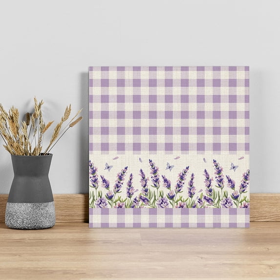 Purple Lavenders Wall Art Painting on Canvas, Spring Floral Plaid Farmhouse Rustic Canvas Art Home Prints Wall Art Framed Modern Artwork for Living Room Bedroom Wall Decor 16x16in