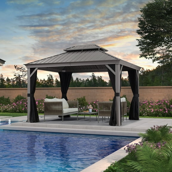 Purple Leaf 10' x 12' Outdoor Hardtop Gazebo with Double Roof Metal Gazebo,Light Gray