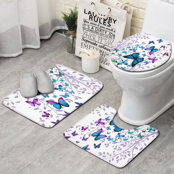 Purple Leaf Butterfly Pattern Bathroom Rugs Sets 3 Piece,Toilet Cover Set,Absorbent Non Slip Bathroom Mats Sets with U-Shaped Contour Rug Toilet Rug Set