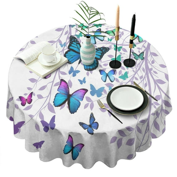 Purple Leaf Butterfly Pattern Round Tablecloth 60"x60",Wrinkle Wipeable Table Cloth for Kitchen Dining Room Picnic Patio Party