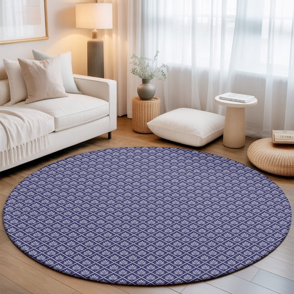 Purple Leaf Grid Round Living Room Rugs 6 ft, Country Farmhouse Minimalist Plaid Checkered Washable Area Rug with Non-Slip Sturdy Edge Binding Round Carpet for Kitchen Office Bedroom