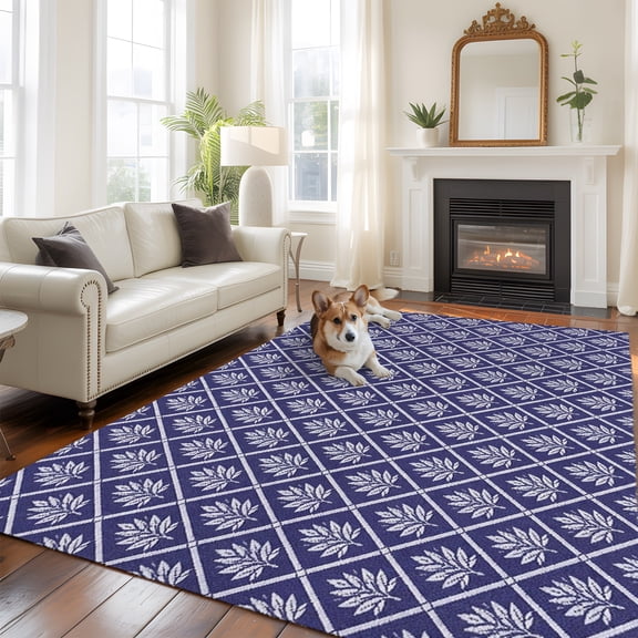 Purple Leaf Grid Washable Area Rug 9x12 Country Farmhouse Minimalist Plaid Checkered Low-Profile Large Area Rugs with Non Slip Backing Indoor Floor Carpet for Entrance Living Room Bedroom Home Office