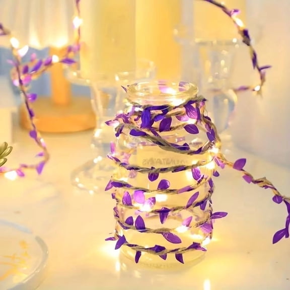 Purple Leaf LED String Lights Warm White Jute Twine Indoor Decor 50ft