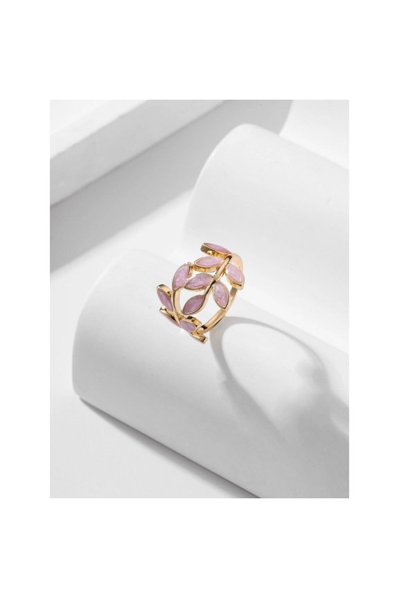Purple Leaf Motif Cuff Ring With Goldtone Metal And Lavender Enamel Inlay