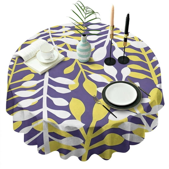 Purple Leaf Pattern Round Tablecloth 60"x60",Wrinkle Wipeable Table Cloth for Kitchen Dining Room Picnic Patio Party