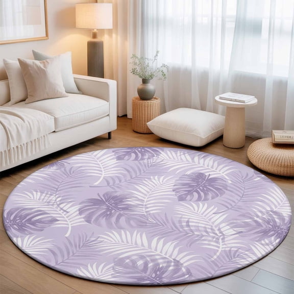 Purple Leaf Round Area Rugs 3 ft, Modern Purple Palm Leaf Monstera Washable Small Area Rug with Non-Slip Sturdy Edge Binding Round Front Door Mat Floor Carpet for Entryway