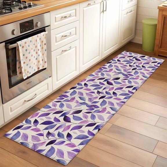 Purple Leaf Runner Rugs 2x6 ft Watercolors Leaf Vintage Linen Texture Fields Washable Hallway Rugs Non-Slip Floor Mats Absorbent Carpet Bedside Runners for Bedroom Kitchen Bathroom Laundry Room