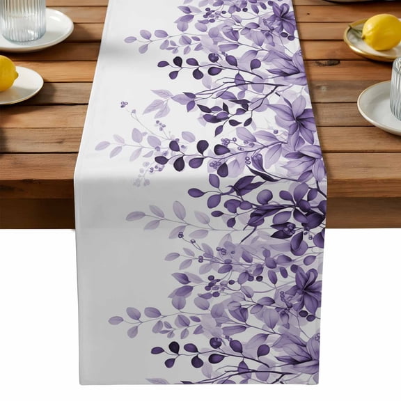 Leaf Purple Table Runner, Watercolor Eucalyptus Leaves Farmhouses Washable Kitchen Table Runners Dress Scarves for Dining Table Decorations Party, 13x90in