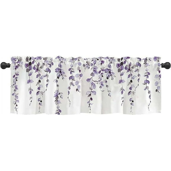 Purple Leaf Valances Kitchen Window Curtains Over Sink, Watercolor Eucalyptus Botanical Leaves and Branches Vine Plant Farmhouse Small Window Treatment Curtains for Bathroom Cafe Home Decor，54" X 18"