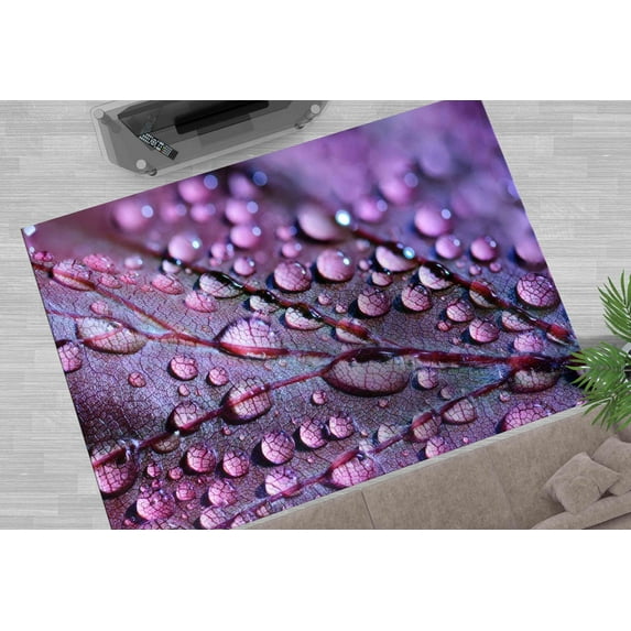 Purple Leaf and Water Drops Rug, Kitchen Rug, Salon Rugs, Modern Rugs, Car Mat Rugs, Floral Rug, Flower Rug, Small Rugs, Living Room Rugs, 3.3'x6.5' - 100x200 cm